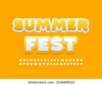 Vector bright poster Summer Fest. Sunny Yellow and White Font. Modern Alphabet Letters and Numbers set	
