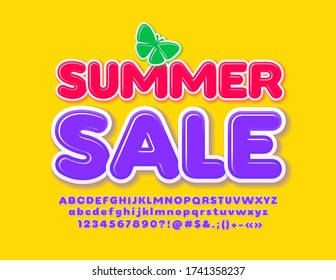Vector bright poster Summer Sale. Modern Violet Font. Creative glossy Alphabet Letters and Numbers