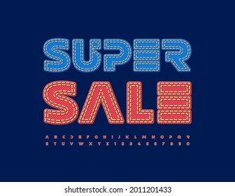 Vector Bright Poster Super Sale. Trendy Jeans Font. Creative Alphabet Letters and Numbers.