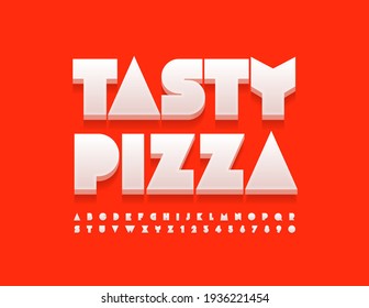 Vector bright Poster Tasty Pizza. Original 3D Font. Modern Alphabet Letters and Numbers