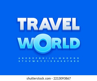 Cartel de Vector brillante Viajes Mundo. Fuente 3D azul creativo. Letras y números alfabetos modernos