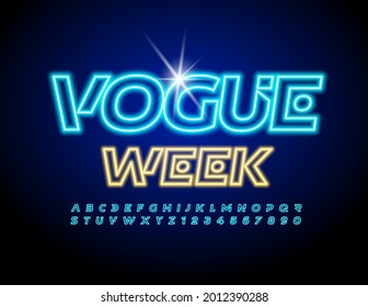 Vector bright poster Vogue Week with Blue Neon Alphabet Letters and Numbers set. Electric light Font
