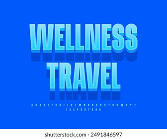 Vektorgrafik helles Poster Wellness Reisen. Elegante blaue 3D-Schriftart. Trendy Alphabet Buchstaben und Zahlen gesetzt.
