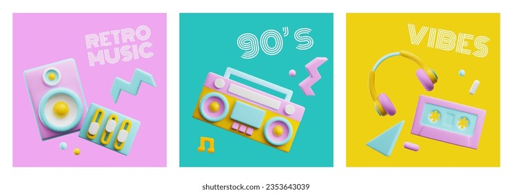 Vector bright posters set for 90s disco party in 3D style. Retro render music listening and recording devices. Realistic boom box, cassette recorder, radio, headphones, audio loud speaker. Old vibes