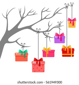 Vector bright presents in a cartoon style hanging on a branch. Bright cartoon birthday illustration. Holiday boxes with bows. Cute greeting card with lots of gifts.