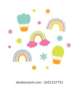 Vector bright print of balloon with basket, rainbow, flowers. Print for childrens clothing and textiles.