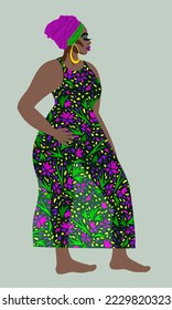 Vector bright profile portrait of young african woman in long dress with floral ornament on light green background.