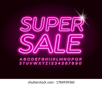 Vector bright promo banner Super Sale. Neon Font. Red electric Alphabet Letters and Numbers