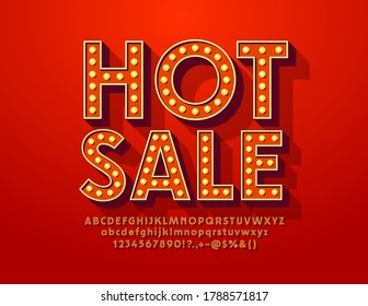 Vector bright promo Hot Sale. Vintage Lamp Font. Retro Red Alphabet, Letters and Numbers with Light Bulbs