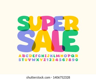 Vector bright promo poster Super Sale with Uppercase Font. Colorful transparent Alphabet Letters and Numbers