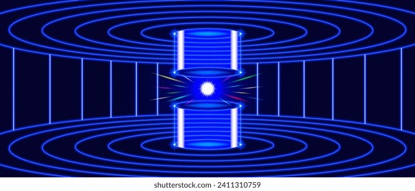 Vector bright radiant glowing blue abstract high tech wide banner. Nuclear cold fusion reactor from the future. Glowing spark or star on a round 3D podium. Powerful power unit. Splitting the atom.