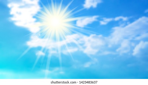 Vector bright realistic background with blue sky, clouds and sun.