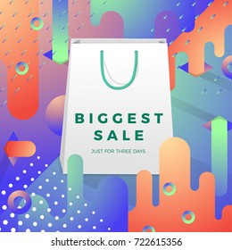 Vector bright realistic bag with green handle on abstract memphis style background, with geometric shapes. With place for your text.