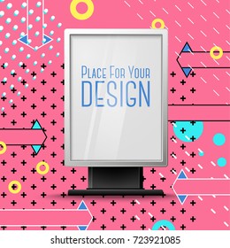 Vector bright realistic billboard on abstract memphis style background, with geometric shapes. With place for your text.