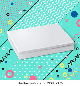 Vector bright realistic box mockup on abstract memphis style background, with geometric shapes. With place for your design.