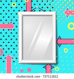 Vector bright realistic poster frame on abstract memphis style background, with geometric shapes. With place for your text.