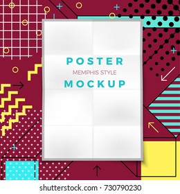 Vector bright realistic poster mockup on abstract memphis style background, with geometric shapes. With place for your text.