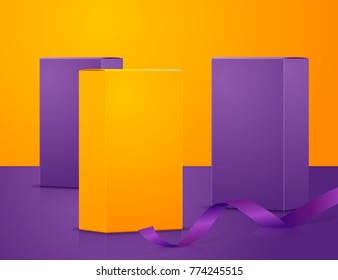 Vector bright realistic set up for package branding, violet and orange boxes on trendy modern clean background. 