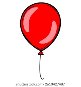 A vector bright red balloon with a glossy surface and a thin string attached, floating against a white background.