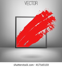 Vector bright red brush strokes passing through the frame. Hand drawn lines with dry brush. Grey frame of Steel. Grey background. Abstract design element. Modern. Soft shadow. Three strokes. Dynamic.