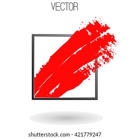 Vector bright red brush strokes passing through the frame isolated on white background. Hand drawn lines with dry brush. Grey frame of Steel. Abstract design element. Modern. Three strokes. Dynamic