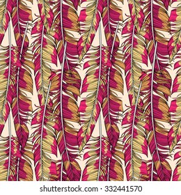 Las plumas de color rojo brillante vectorial son un patrón transparente. Hermoso telón de fondo vintage. Fondo colorido para el diseño