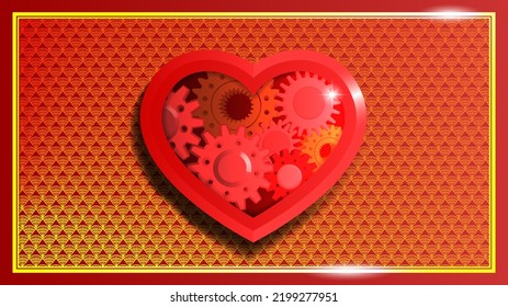Vector bright red heart with 3d gear mechanism with shadow on the background of a golden pattern. Abstract romantic greeting card