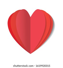 Vector bright red heart in paper style on white background.