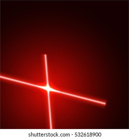 Vector bright  red  laser beams isolated on dark background with light  flares.