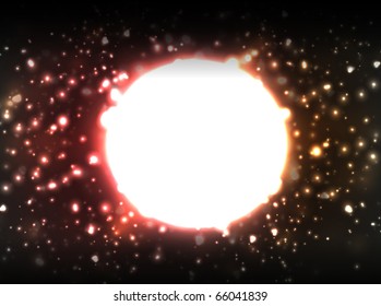 Vector bright red sun, surrounded by bright and blurry galaxy of stars on black background.