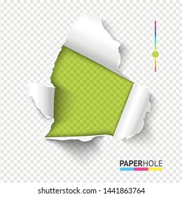 Vector Bright Rip Edge Banner Concept With Tear Off Paper Pieces Isolated For Scrapbooking Or Advertisement. Empty Realistic Torn Green Paper Hole On Transparent Background For Sale Poster.