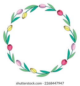 Vector bright round frame, wreath from outline red, pink, yellow tulips. Hand drawn spring border, decoration for greeting card, wedding, birthday, Valentine's Day