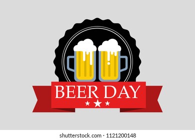 Vector of bright seal element with beer mugs and banner congratulating on Beer Day against gray background