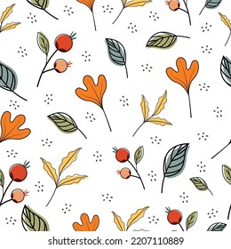 Vector bright seamless autumn pattern. Dry fallen oak leaves, twigs and berries