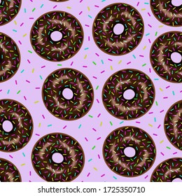 Vector bright seamless background with chocolate donuts. Cheerful, sweet poster.