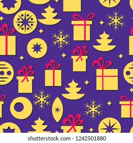 Vector bright seamless Christmas background with snowflakes, gifts, christmas trees. Merry Christmas! Happy New year!