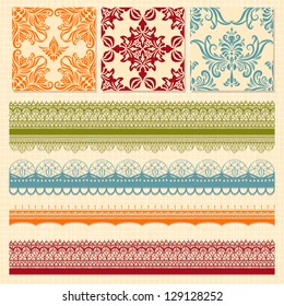 Vector bright seamless paterns and seamless lacy ribbons, fully editable eps 8 file, seamless patterns in swatch menu