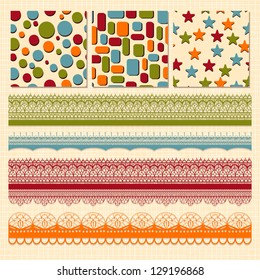 Vector bright seamless paterns and seamless lacy ribbons, fully editable eps 10 file, seamless patterns in swatch menu