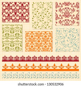 Vector bright seamless paterns and seamless lacy ribbons, seamless patterns in swatch menu, seamless pattern brushes included,  shadows with transparency effects on separate layer