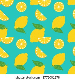 Vector bright seamless pattern background with lemons and leaves for fresh summer drinks, lemonade design.