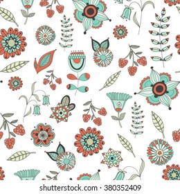 Vector bright seamless pattern with beautiful flowers and leaves