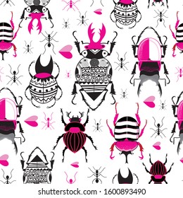 Vector bright seamless pattern with beetles and ants on a white background