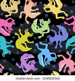 Vector bright seamless pattern with colorful axolotls in dark waves and bubbles.