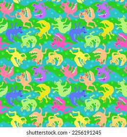 Vector bright seamless pattern with colorful axolotls in blue and green waves and bubbles.