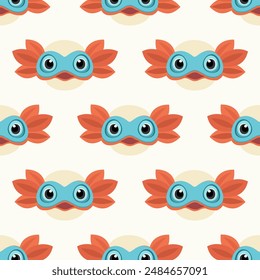 Vector bright seamless pattern with colorful axolotls on light background.