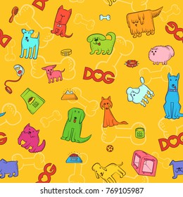 Vector bright seamless pattern of different cartoon dog breeds. Items caring for pet and feeding. Funny caricature animals characters. Contour colorful sketch illustration. The inscription and heart.