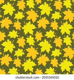 Vector bright seamless pattern with falling yellow and orange golden maple leaves in flat style. Autumn backgrounds and textures