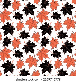 Vector bright seamless pattern with falling red and black maple leaves in flat style. Autumn backgrounds and textures