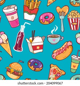 Vector bright seamless pattern of fast food.