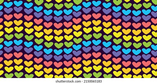 Vector bright seamless pattern in the form of Gay and LGBTQIA Pride Flag made of small multicolored rainbow hearts. Design texture for fabric, banner, poster, backdrop, wall. LGBT community concept.